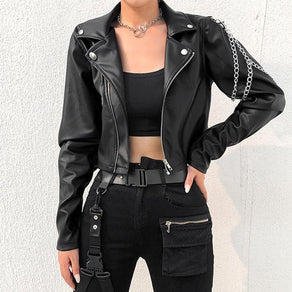 Black Faux Leather Motorcycle Jacket With Chain - Ghoul RIP
