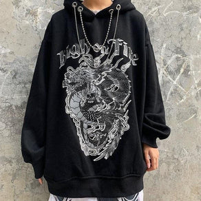 Japanese Dragon Print Hoodie With Chain Drawstrings - Ghoul RIP