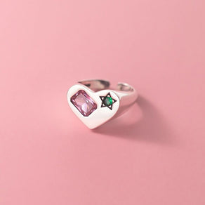 Silver Heart Ring With Inset Pink & Green Gems - Ghoul RIP