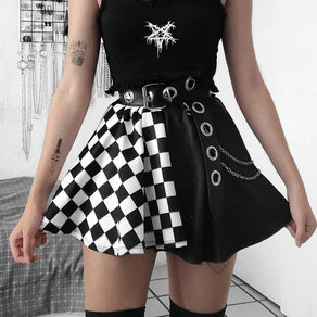 Split Pattern Checkerboard Skater Skirt - Ghoul RIP