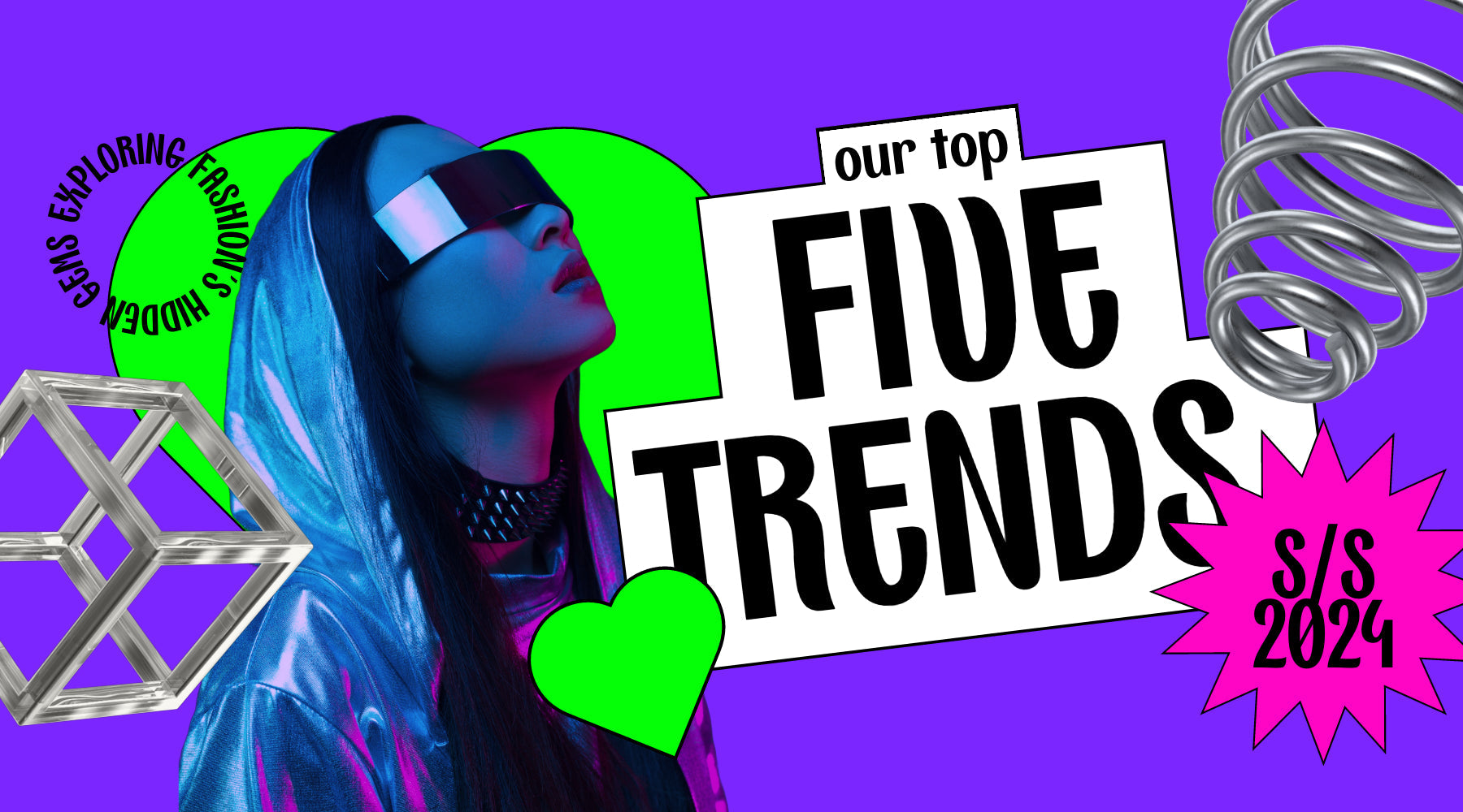 Main text reading "Our Top Five Trends S/S 2024". Smaller text reading " Exploring  fashion's hidden gems". Photo of a woman wearing futuristic visor sunglasses and a metallic hoodie. Hearts & abstract geometry graphics against a purple background. 