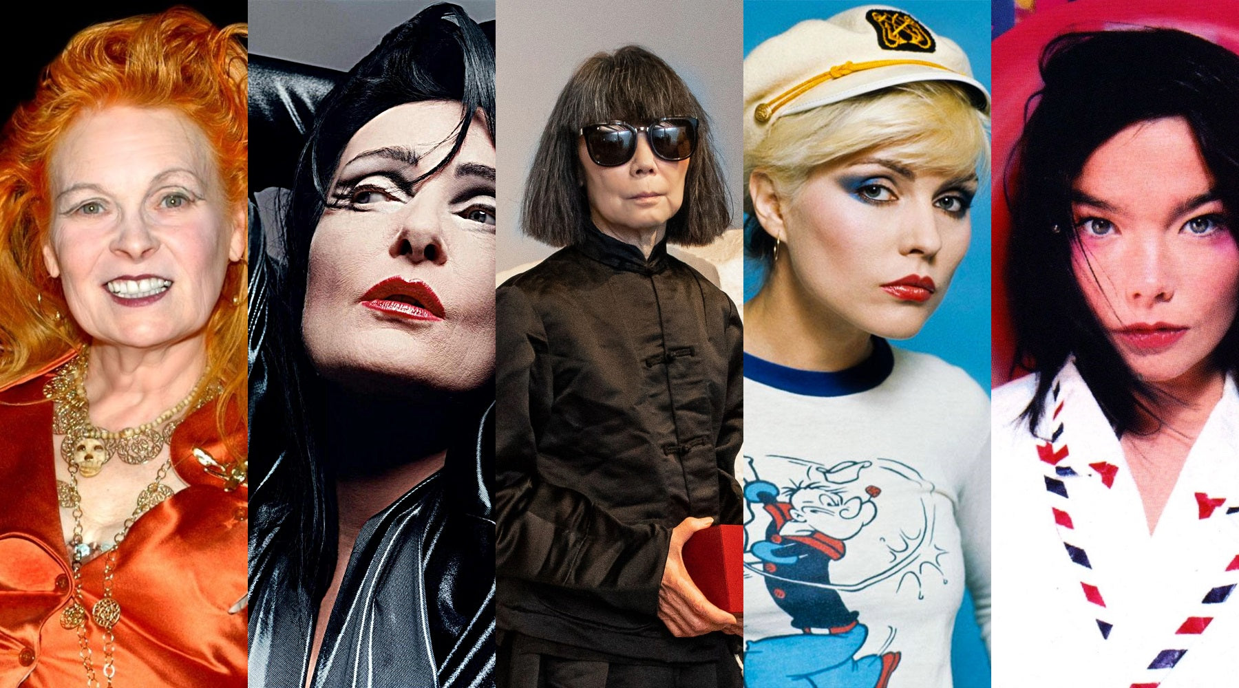 Collage of photos, featuring (in this order): Vivienne Westwood, Siouxsie Sioux, Rei Kawakubo, Debbie Harry, and Bjork.