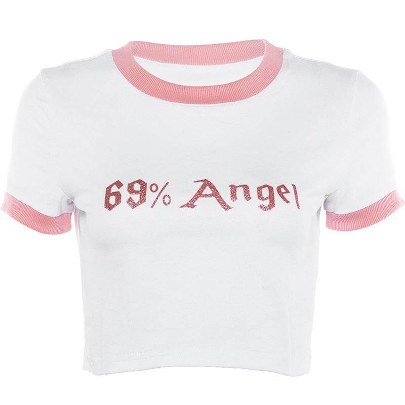 69% Angel Cute Y2K Sparkle Print Baby Tee - Ghoul RIP