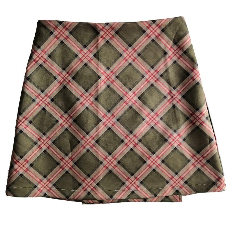 90's Inspired Diagonal Plaid Mini Wrap Skirt - Ghoul RIP