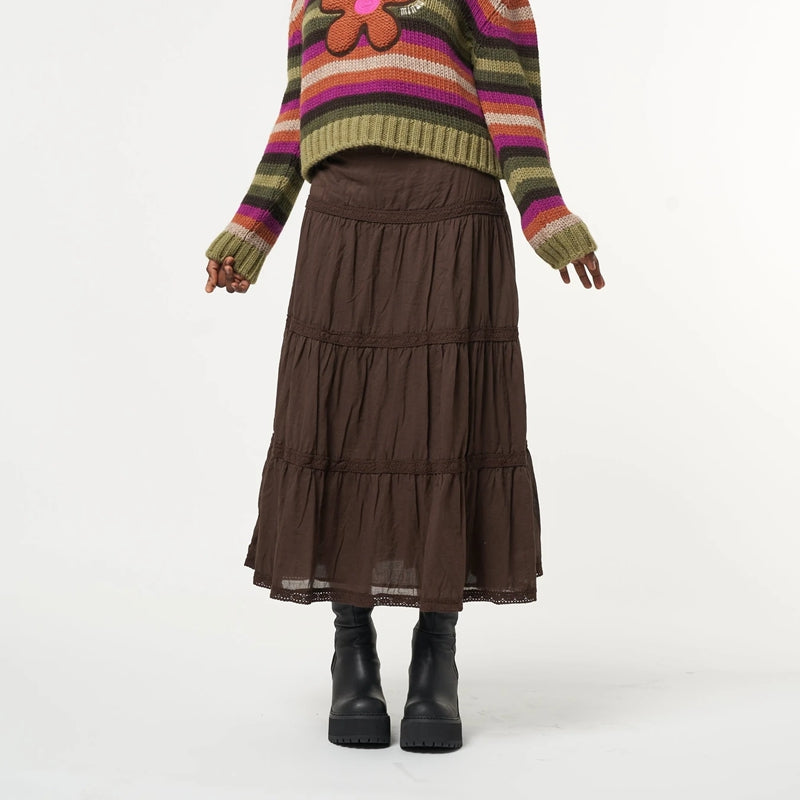 90s Style Frilly Brown Tiered Maxi Skirt - Ghoul RIP