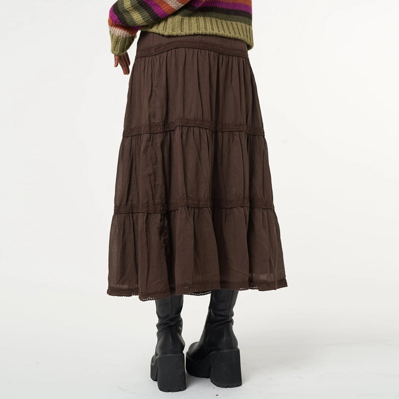 90s Style Frilly Brown Tiered Maxi Skirt - Ghoul RIP