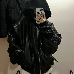 Oversized Faux Leather Hooded Bomber Jacket