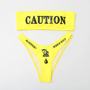 Yellow 'Caution Slippery When Wet' Bandeau Bikini