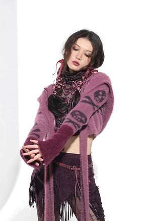 Purple Skull & Crossbones Patterned Hooded Cropped Sweater in Imitation Mohair