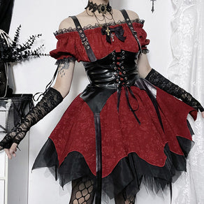 Red/Black Dark Academia Gothic Dress With Corset Belt