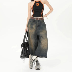 Vintage Wash Skater Style Cropped Baggy Jeans