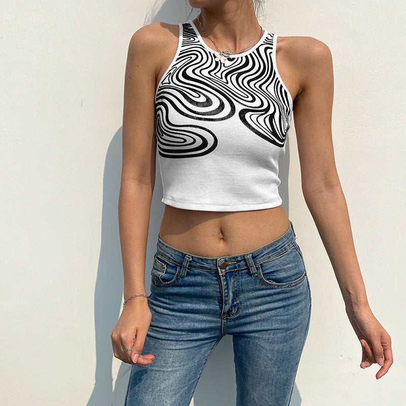 Abstract Swirl Print Crop Tank Top - Ghoul RIP