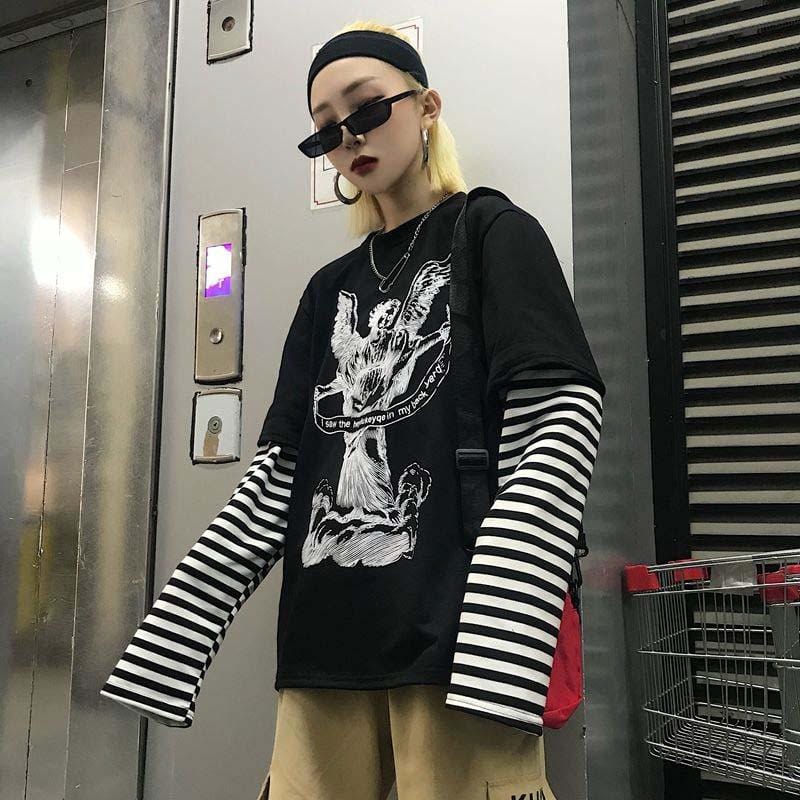 Angel Print Layered T-Shirt With Striped Sleeves - Ghoul RIP