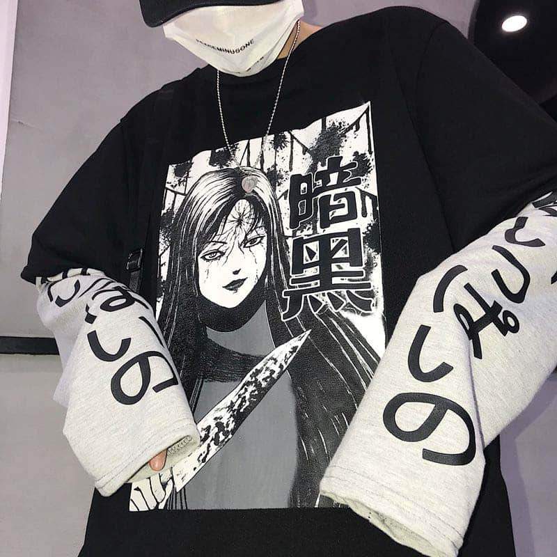 Anime Girl With Knife Long Sleeve Layered T-Shirt - Ghoul RIP
