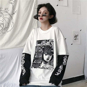 Anime Horror Inspired Layered Graphic Tee - Ghoul RIP