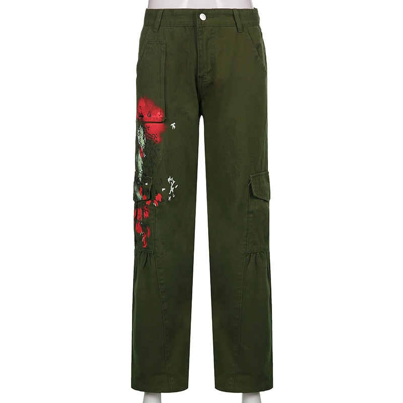 Army Green Cargo Pants With Leg Print - Ghoul RIP