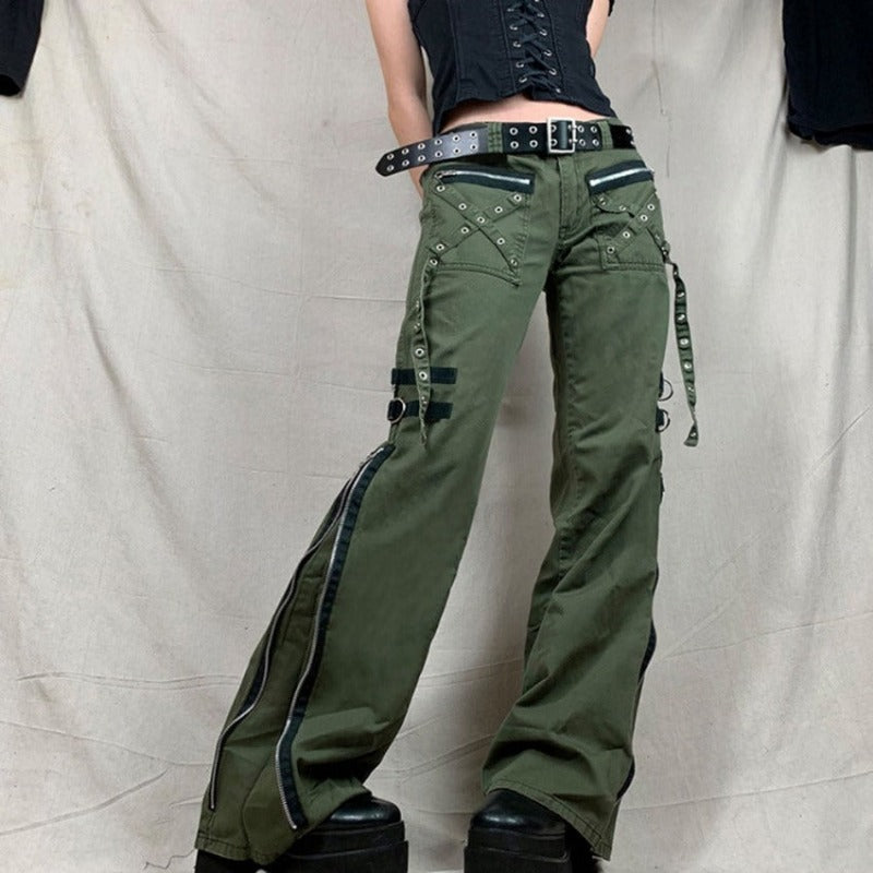 Army Green Mall Goth Flared Bondage Pants - Ghoul RIP
