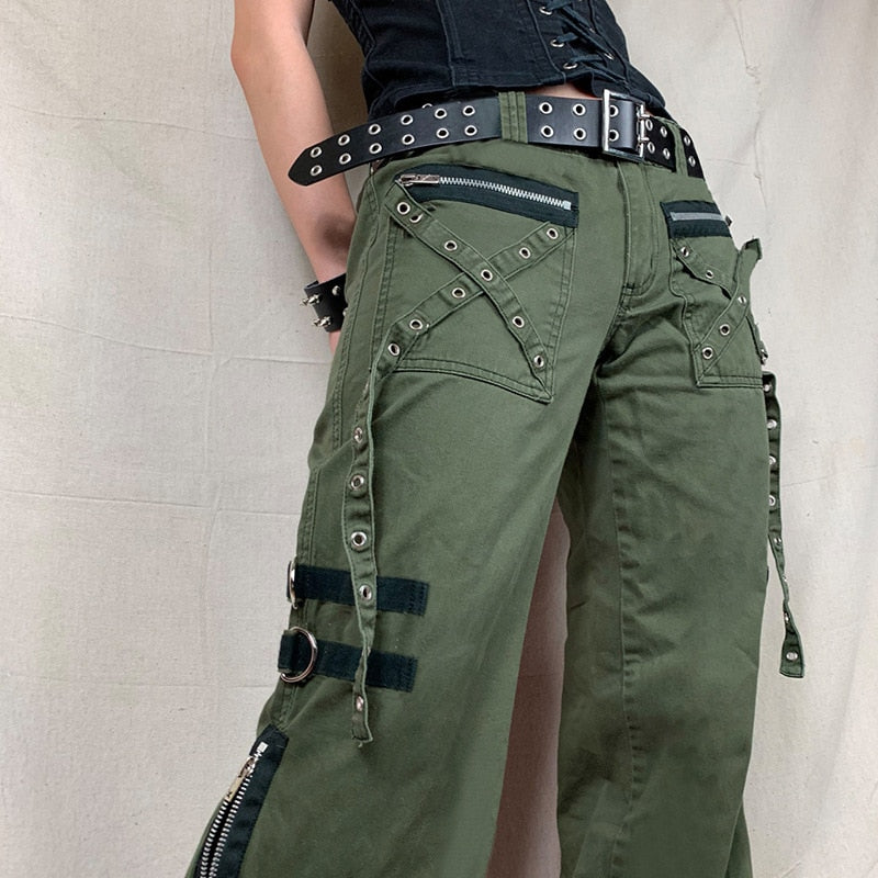 Army Green Mall Goth Flared Bondage Pants - Ghoul RIP