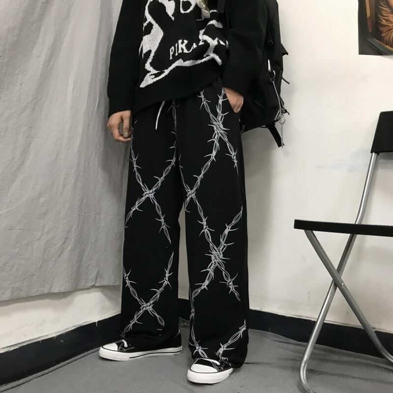 Barbed Wire Print Wide Leg Sweatpants - Ghoul RIP