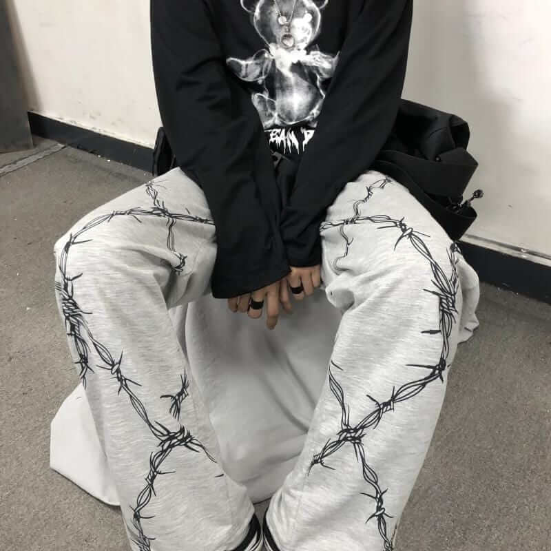 Barbed Wire Print Wide Leg Sweatpants - Ghoul RIP