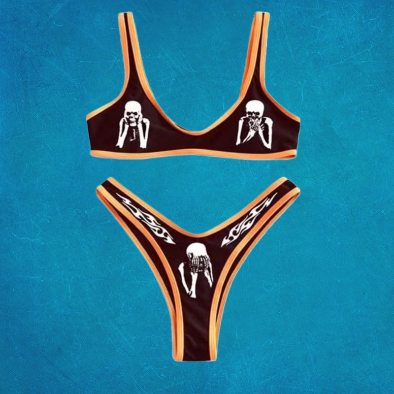 Black & Orange Skeleton Print Sport Bikini - Ghoul RIP