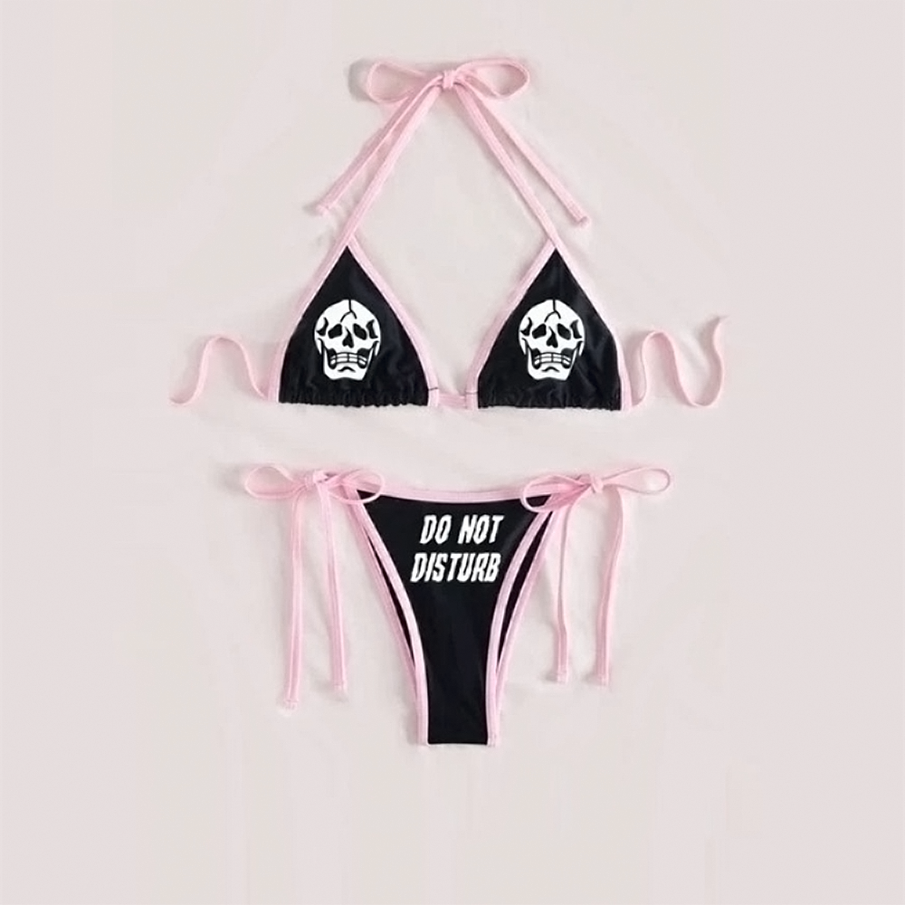 Black & Pink 'Do Not Disturb' Skull Print Halter Bikini - Ghoul RIP