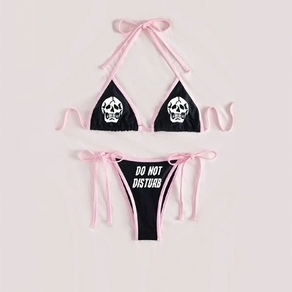 Black & Pink 'Do Not Disturb' Skull Print Halter Bikini - Ghoul RIP