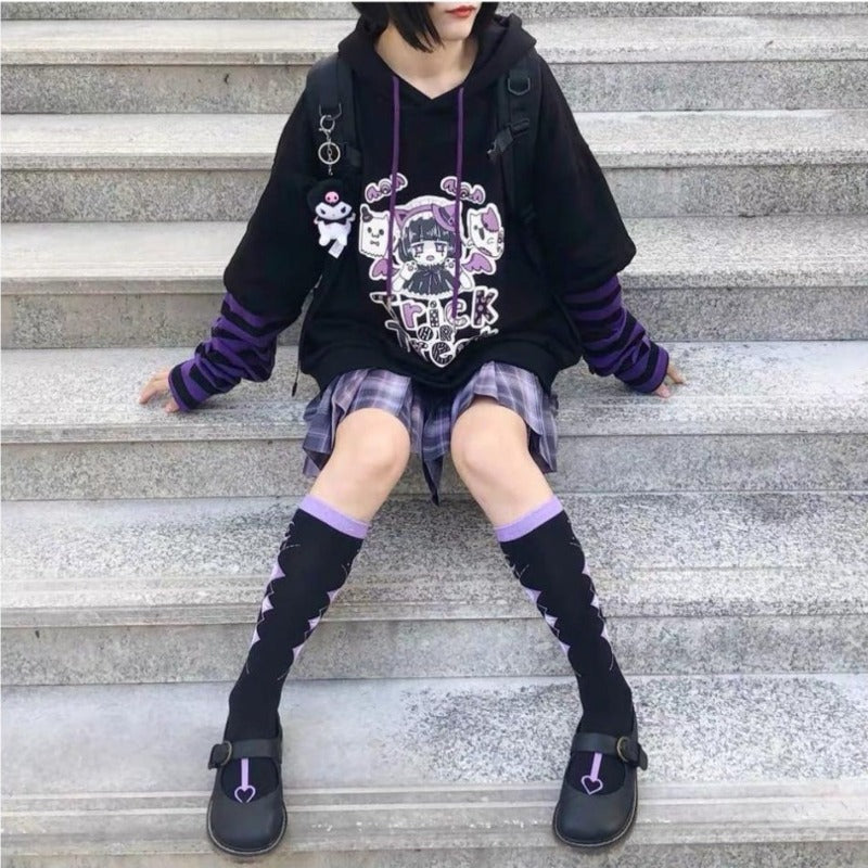 Black & Purple Spooky Kawaii Layered Hoodie - Ghoul RIP