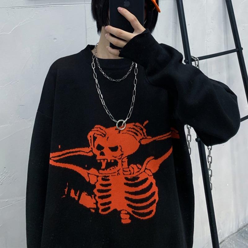 Black & Red Angry Skeleton Jacquard Knit Sweater - Ghoul RIP