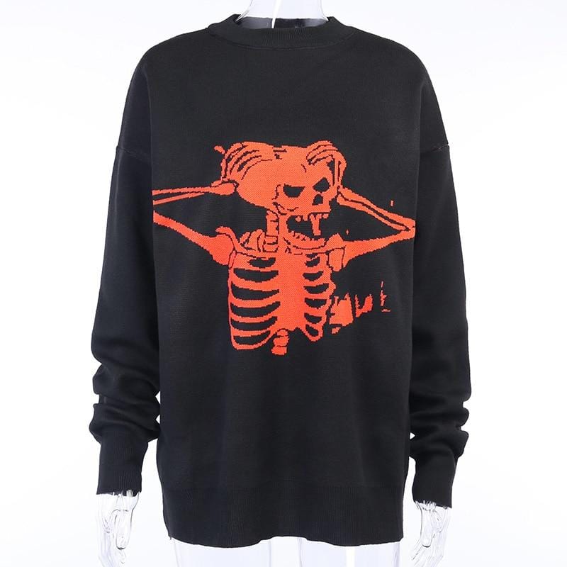 Black & Red Angry Skeleton Jacquard Knit Sweater - Ghoul RIP