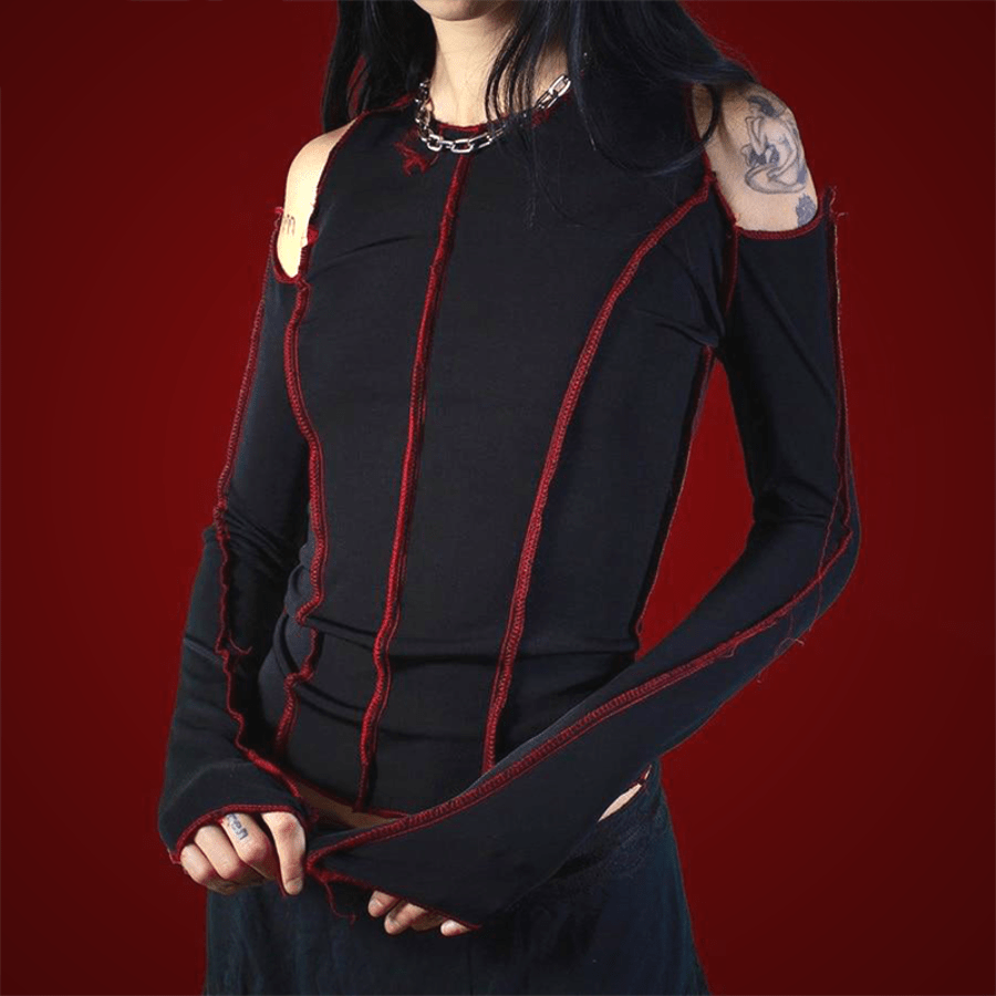 Black & Red Contrast Stitch Long Sleeve - Ghoul RIP