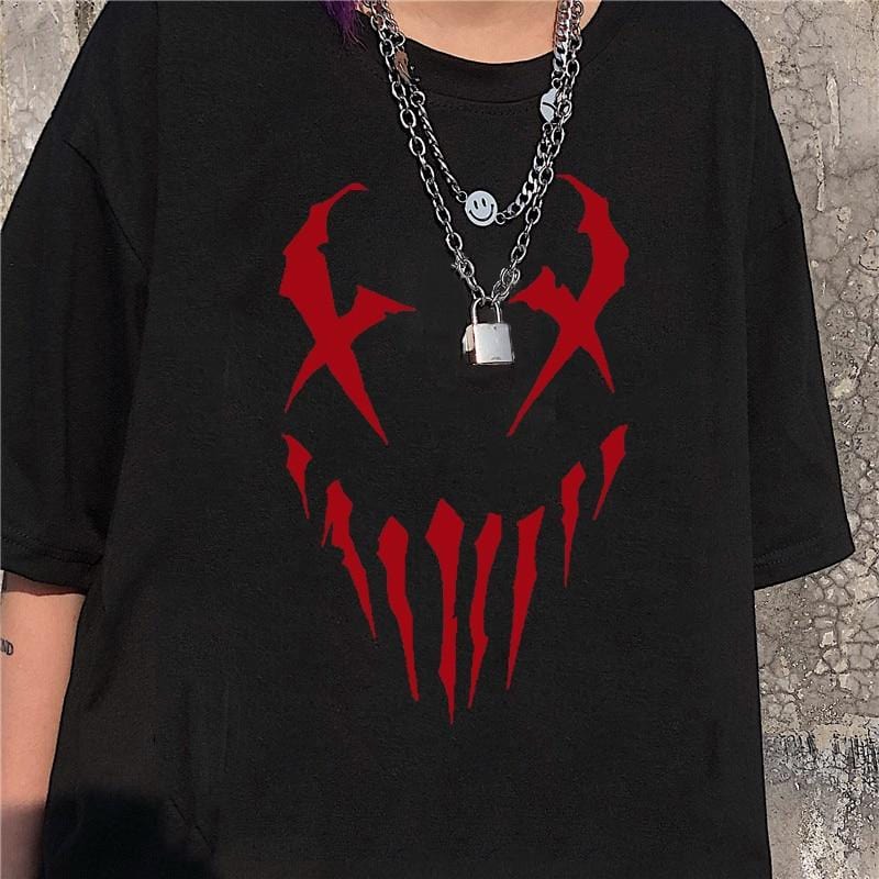 Black & Red Evil Cartoon Smile Graphic Tee - Ghoul RIP