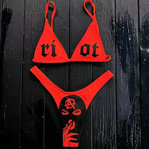 Black & Red 'Riot' Punk Print Triangle Bikini - Ghoul RIP