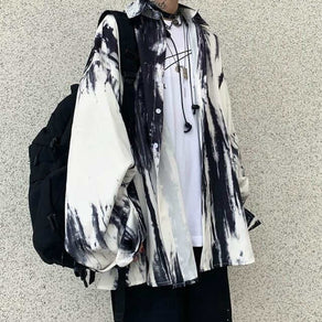 Black & White Bleached Look Button Up Shirt - Ghoul RIP