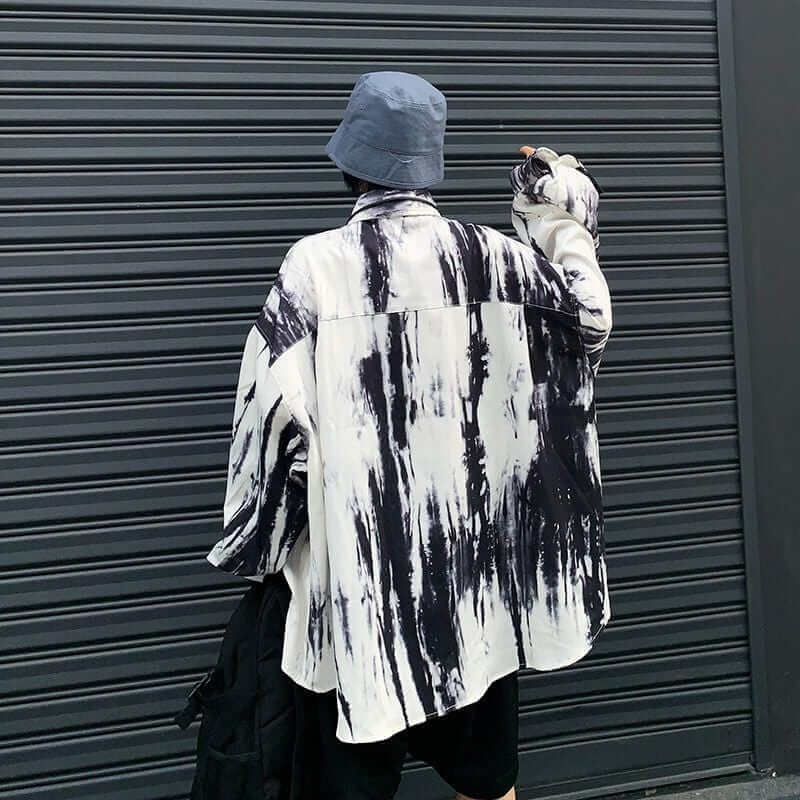 Black & White Bleached Look Button Up Shirt - Ghoul RIP