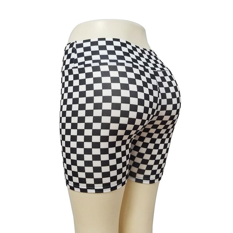 Black & White Checkerboard Biker Shorts - Ghoul RIP