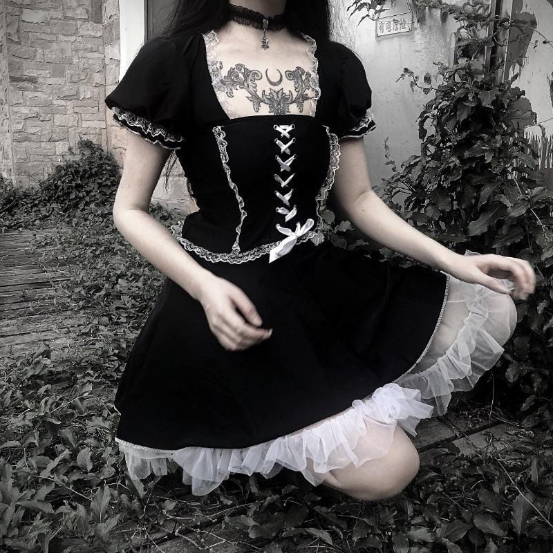 Black & White Frilled Gothic Lolita Lace Up Dress - Ghoul RIP