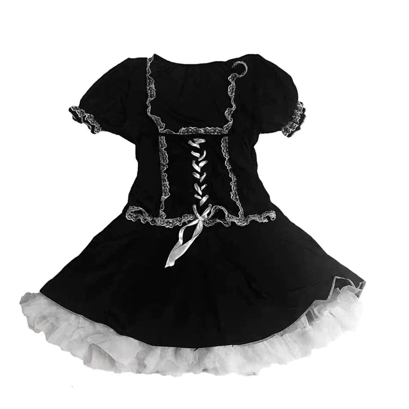 Black & White Frilled Gothic Lolita Lace Up Dress - Ghoul RIP