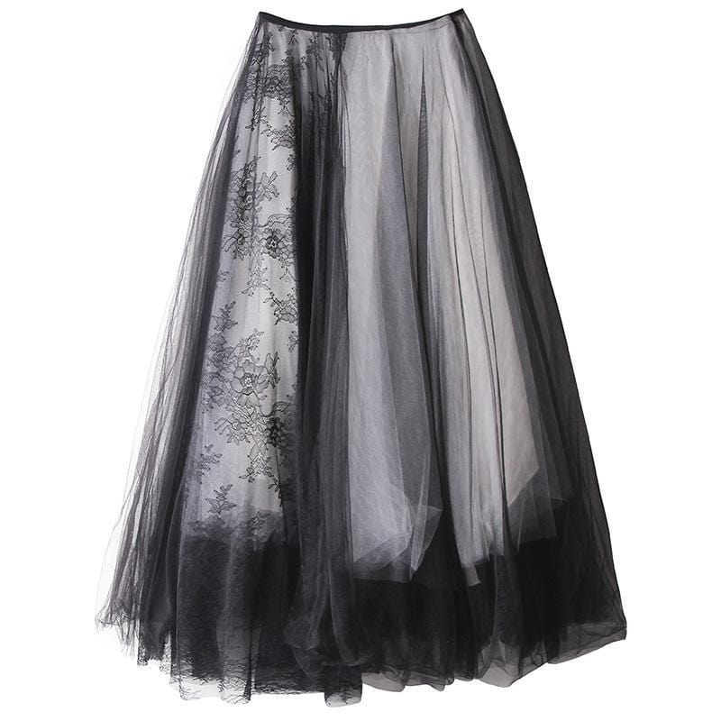 Black & White Layered Mesh Lace Maxi Skirt - Ghoul RIP