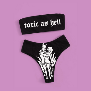 Black & White 'Toxic As Hell' Print Bandeau Bikini - Ghoul RIP