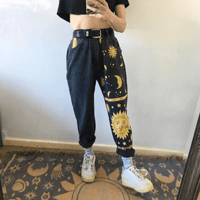 Black & Yellow Celestial Print Loose Fit Jeans - Ghoul RIP