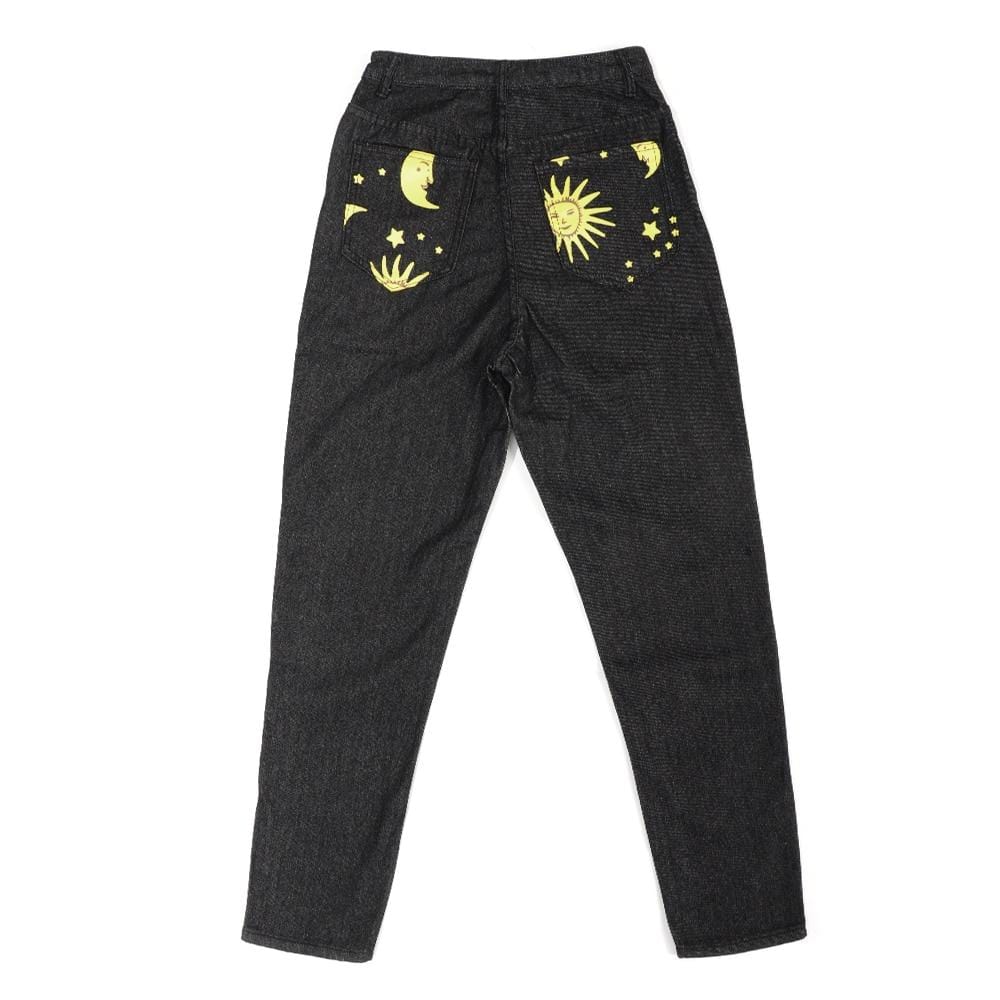 Black & Yellow Celestial Print Loose Fit Jeans - Ghoul RIP