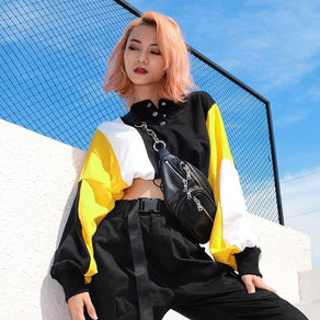 Black & Yellow Color Block Cropped Pullover - Ghoul RIP