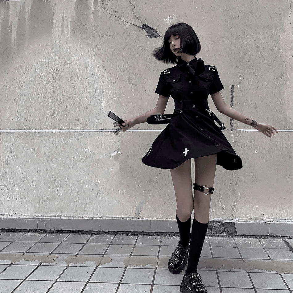 Black Button Down Collared Shirt Dress - Ghoul RIP