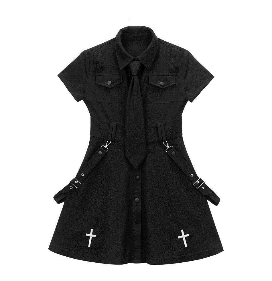 Black Button Down Collared Shirt Dress - Ghoul RIP