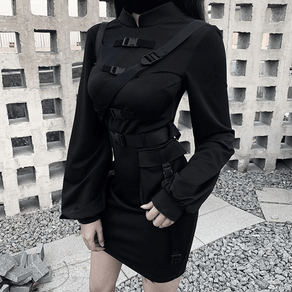 Black Cargo Dress With Buckle Straps & Lantern Sleeves - Ghoul RIP