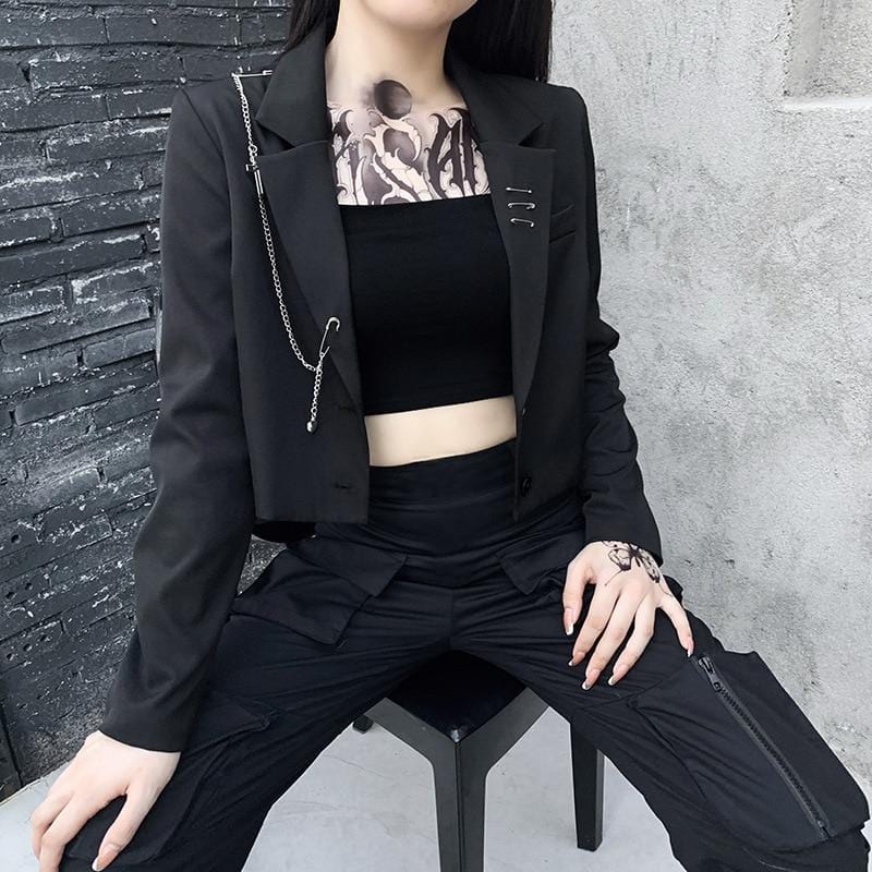 Black Cropped Blazer With Chain & Safety Pins - Ghoul RIP