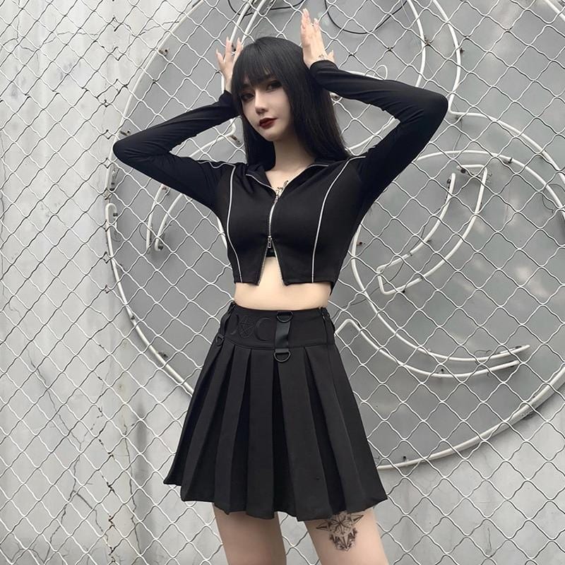 Black Cropped Track Jacket With Reflective Taping - Ghoul RIP