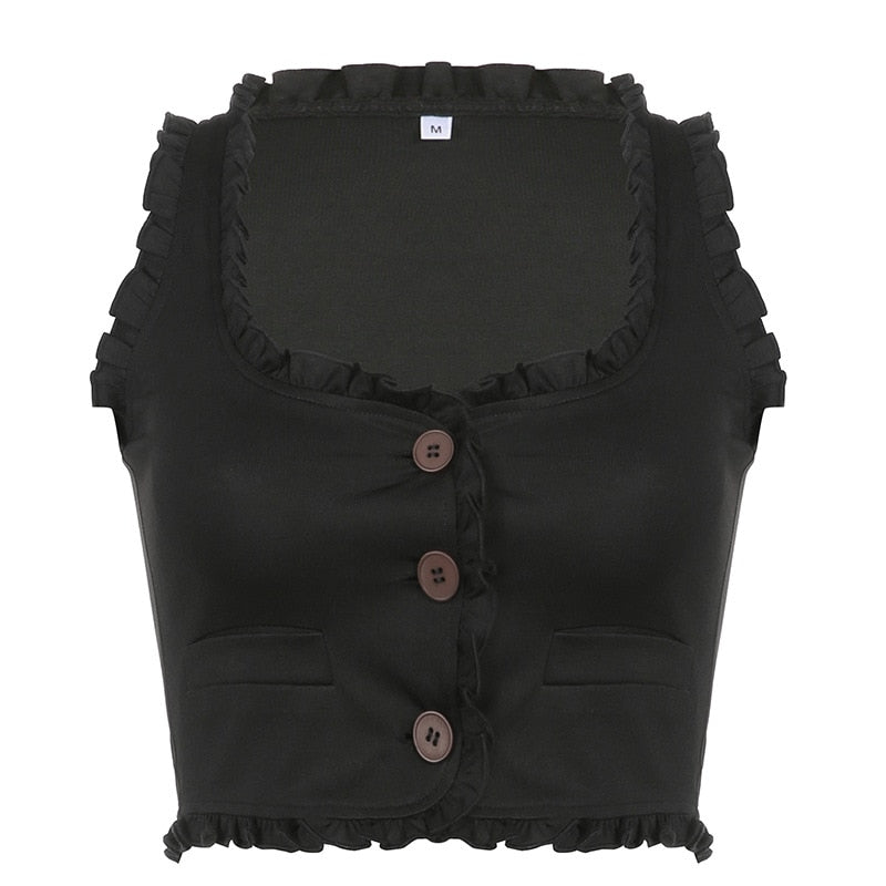 Black Cropped Waistcoat With Frilled Hem - Ghoul RIP