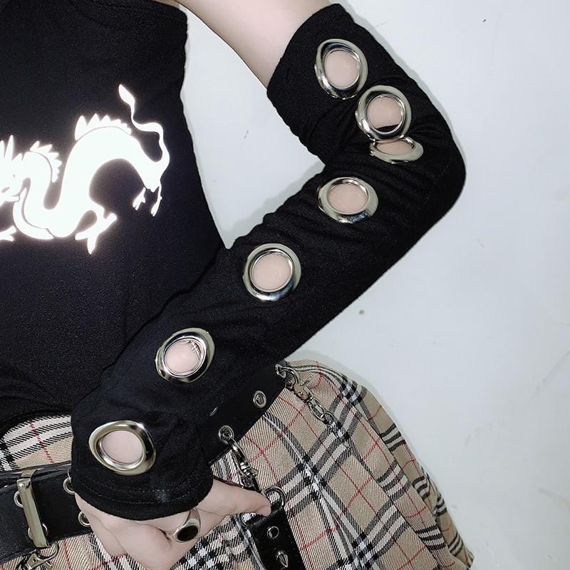 Black Cut Out Arm Warmers With Metal Grommets - Ghoul RIP